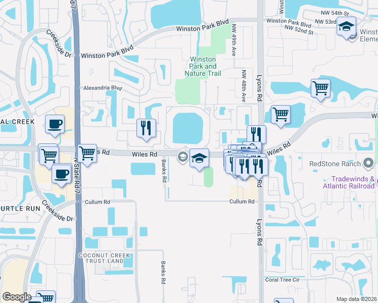 map of restaurants, bars, coffee shops, grocery stores, and more near 5025 Wiles Road in Coconut Creek