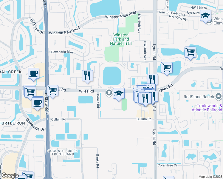 map of restaurants, bars, coffee shops, grocery stores, and more near 5025 Wiles Road in Coconut Creek