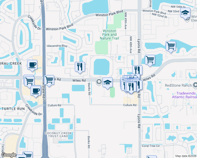 map of restaurants, bars, coffee shops, grocery stores, and more near 5025 Wiles Road in Coconut Creek