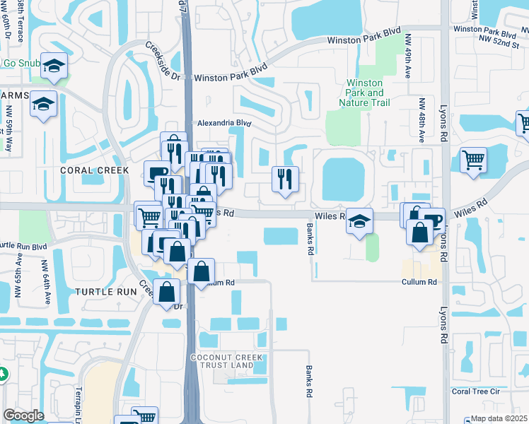 map of restaurants, bars, coffee shops, grocery stores, and more near 5465 Wiles Road in Coconut Creek