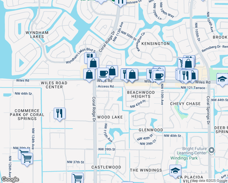 map of restaurants, bars, coffee shops, grocery stores, and more near 11472 Northwest 45th Street in Coral Springs