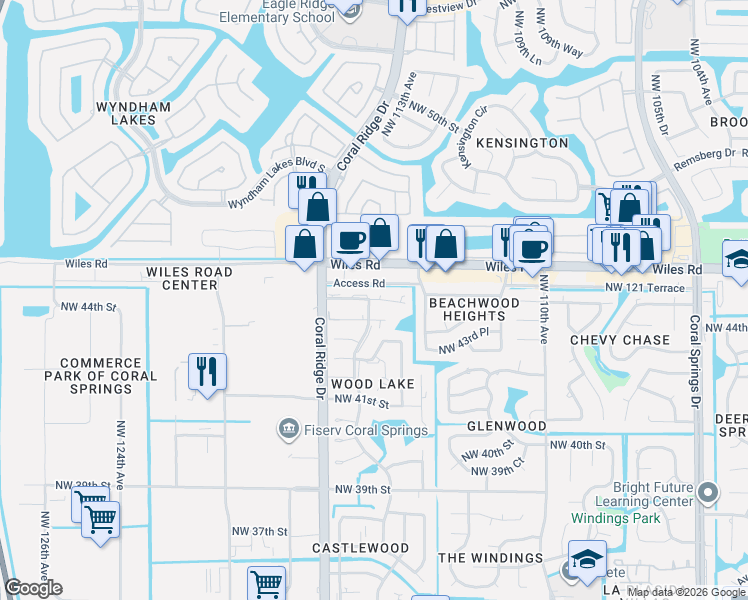 map of restaurants, bars, coffee shops, grocery stores, and more near 11472 Northwest 45th Street in Coral Springs