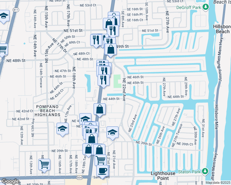 map of restaurants, bars, coffee shops, grocery stores, and more near 2140 Northeast 44th Court in Lighthouse Point
