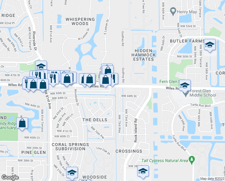map of restaurants, bars, coffee shops, grocery stores, and more near 10741 Northwest 45th Street in Coral Springs