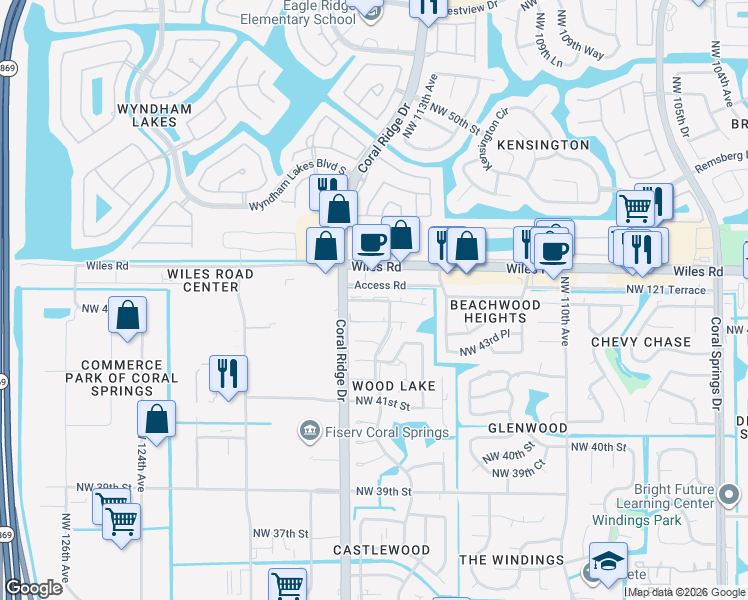 map of restaurants, bars, coffee shops, grocery stores, and more near 11583 Northwest 45th Street in Coral Springs
