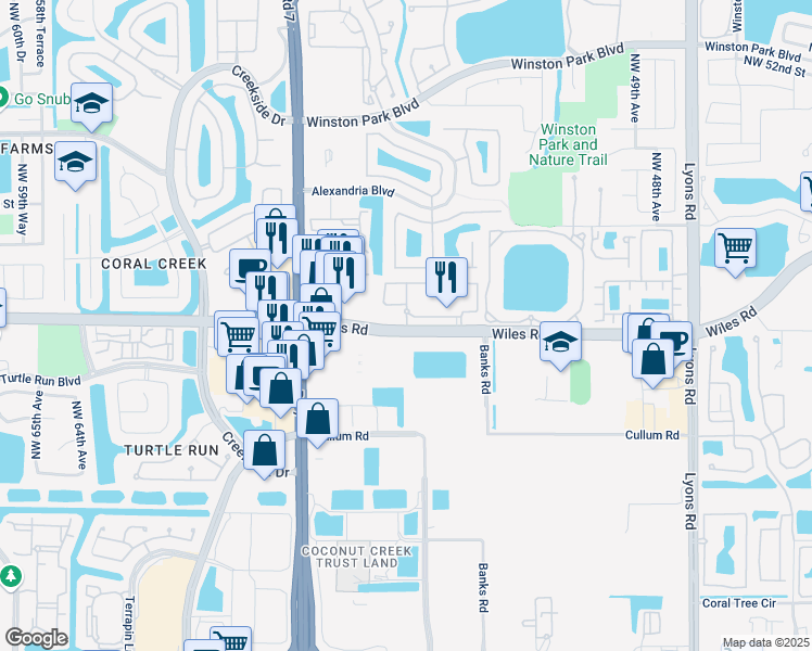 map of restaurants, bars, coffee shops, grocery stores, and more near 5465 Wiles Road in Coconut Creek