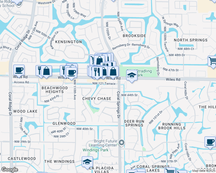 map of restaurants, bars, coffee shops, grocery stores, and more near 10601 Northwest 45th Street in Coral Springs