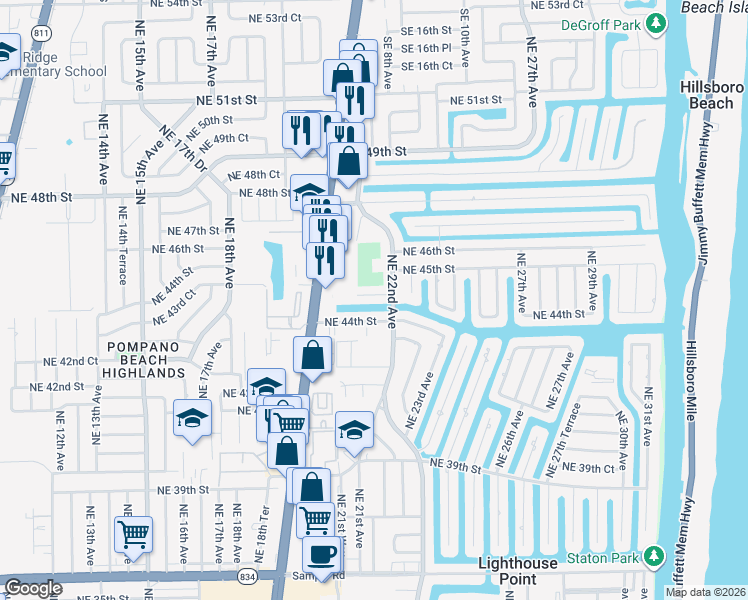 map of restaurants, bars, coffee shops, grocery stores, and more near 2160 Northeast 44th Court in Lighthouse Point