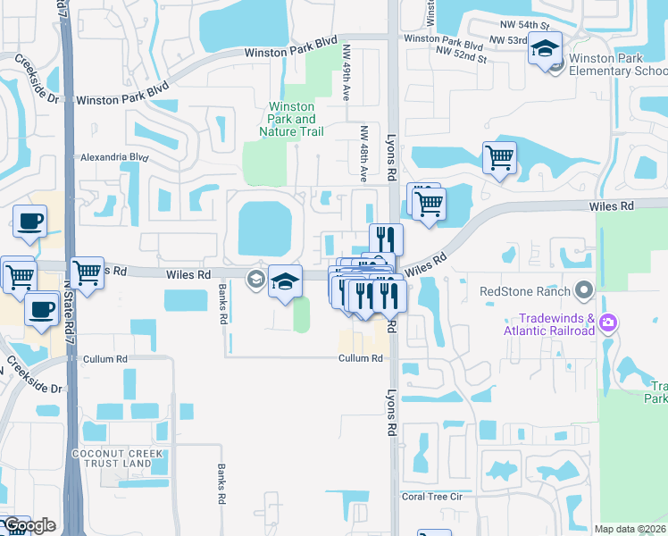 map of restaurants, bars, coffee shops, grocery stores, and more near 1412 Wiles Road in Coconut Creek
