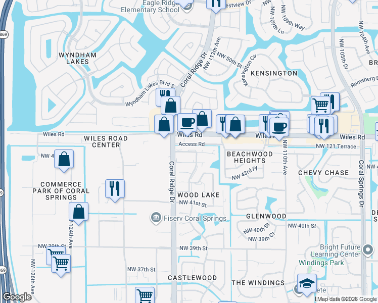 map of restaurants, bars, coffee shops, grocery stores, and more near 11630 Northwest 45th Street in Coral Springs