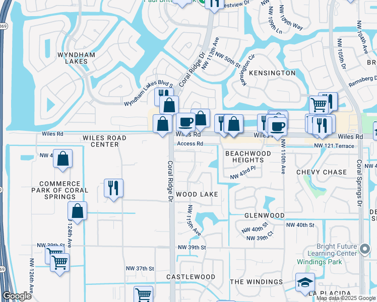 map of restaurants, bars, coffee shops, grocery stores, and more near 11630 Northwest 45th Street in Coral Springs