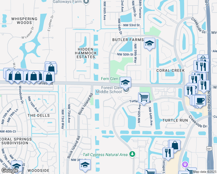map of restaurants, bars, coffee shops, grocery stores, and more near 4522 Northwest 67th Avenue in Coral Springs