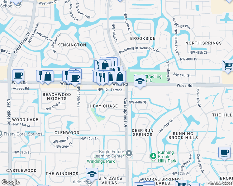 map of restaurants, bars, coffee shops, grocery stores, and more near 10601 Northwest 45th Street in Coral Springs