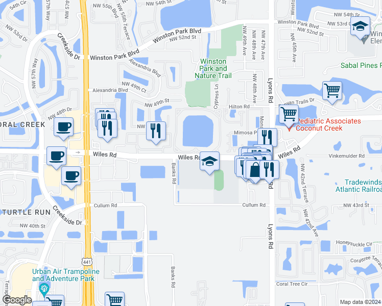 map of restaurants, bars, coffee shops, grocery stores, and more near 5025 Wiles Road in Coconut Creek
