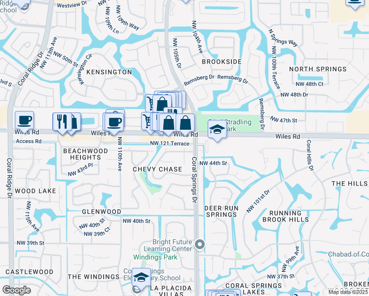 map of restaurants, bars, coffee shops, grocery stores, and more near 10601 Northwest 45th Street in Coral Springs