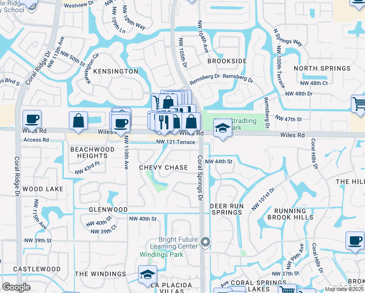 map of restaurants, bars, coffee shops, grocery stores, and more near 10601 Northwest 45th Street in Coral Springs