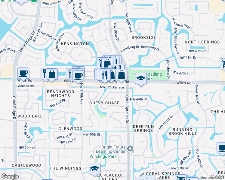 map of restaurants, bars, coffee shops, grocery stores, and more near 10601 Northwest 45th Street in Coral Springs