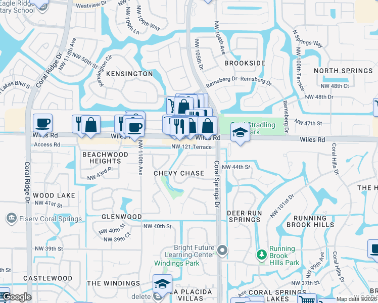 map of restaurants, bars, coffee shops, grocery stores, and more near 4490 Northwest 106th Avenue in Coral Springs