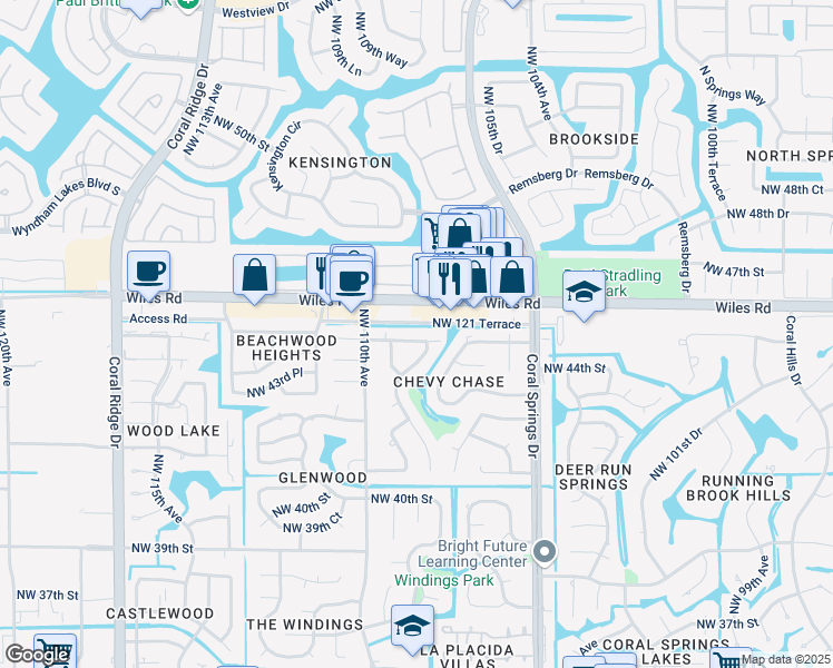 map of restaurants, bars, coffee shops, grocery stores, and more near 10851 Northwest 45th Street in Coral Springs