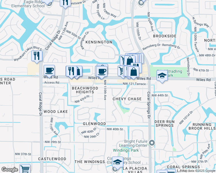 map of restaurants, bars, coffee shops, grocery stores, and more near 10941 Northwest 45th Street in Coral Springs