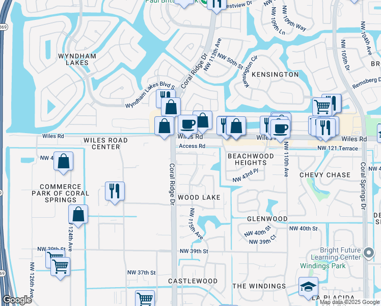 map of restaurants, bars, coffee shops, grocery stores, and more near 11630 Northwest 45th Street in Coral Springs