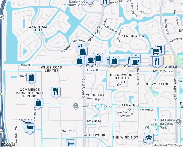 map of restaurants, bars, coffee shops, grocery stores, and more near 11630 Northwest 45th Street in Coral Springs