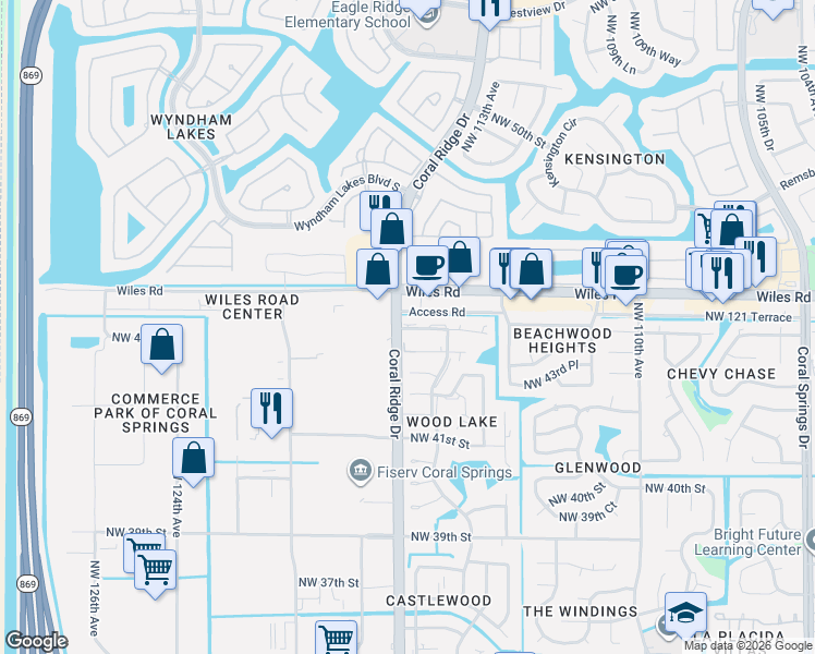 map of restaurants, bars, coffee shops, grocery stores, and more near 11630 Northwest 45th Street in Coral Springs