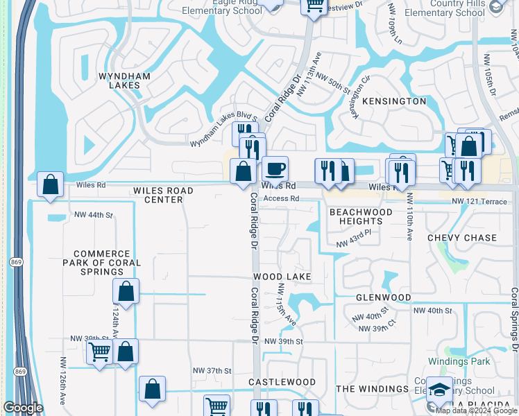 map of restaurants, bars, coffee shops, grocery stores, and more near 4496 Coral Ridge Drive in Tamarac