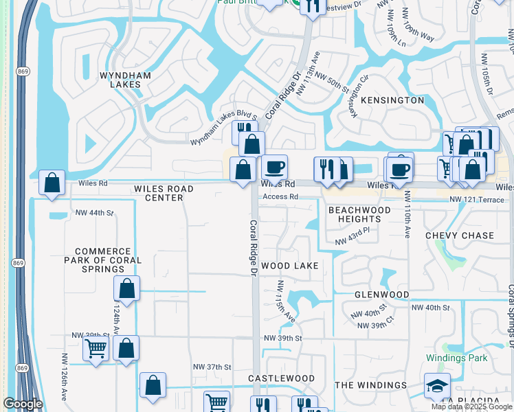 map of restaurants, bars, coffee shops, grocery stores, and more near 4496 Coral Ridge Drive in Tamarac