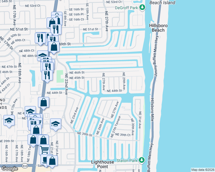 map of restaurants, bars, coffee shops, grocery stores, and more near 4411 Northeast 27th Terrace in Lighthouse Point
