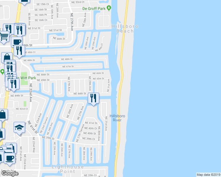 map of restaurants, bars, coffee shops, grocery stores, and more near 4410 Northeast 31st Avenue in Lighthouse Point