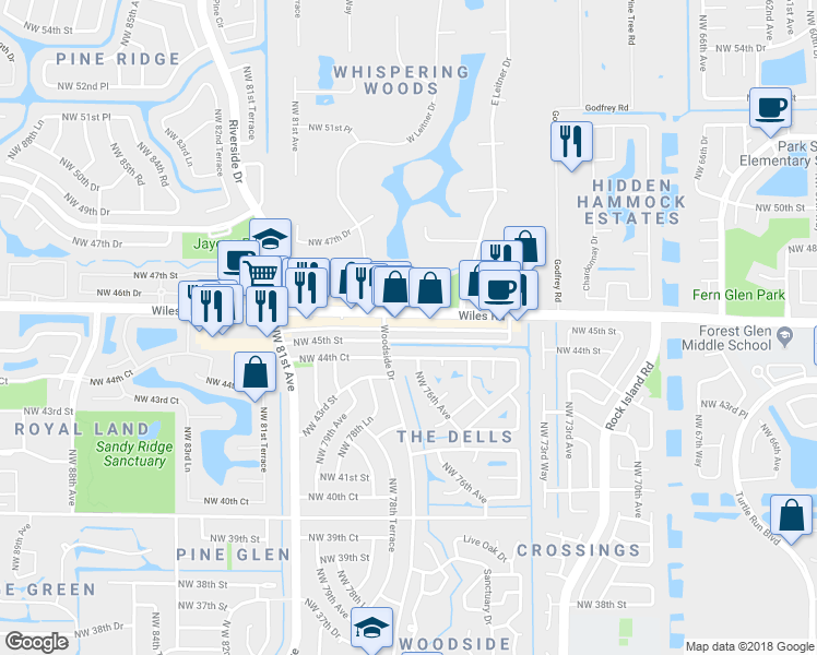 map of restaurants, bars, coffee shops, grocery stores, and more near 7744 Northwest 45th Street in Coral Springs