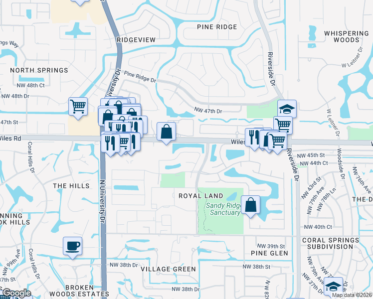 map of restaurants, bars, coffee shops, grocery stores, and more near 8867 Northwest 45th Place in Coral Springs