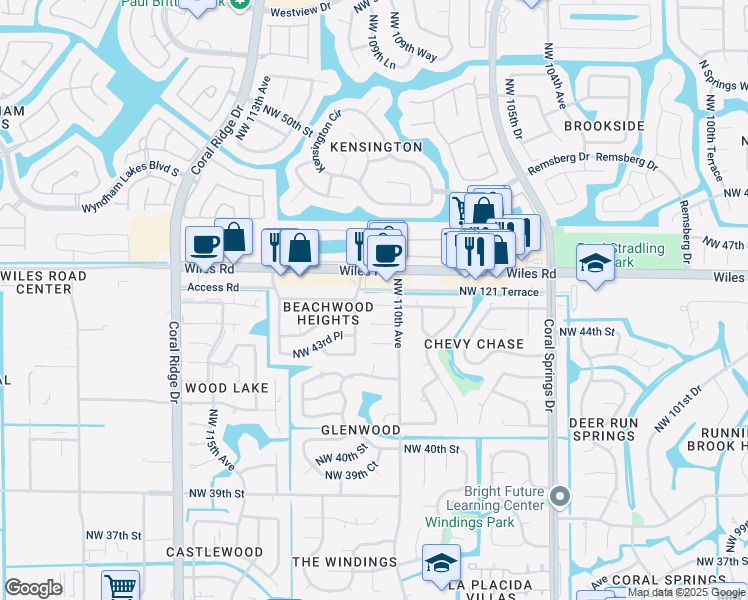 map of restaurants, bars, coffee shops, grocery stores, and more near 11061 Northwest 45th Street in Coral Springs