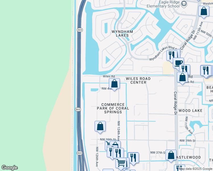 map of restaurants, bars, coffee shops, grocery stores, and more near 12505 Northwest 44th Street in Coral Springs