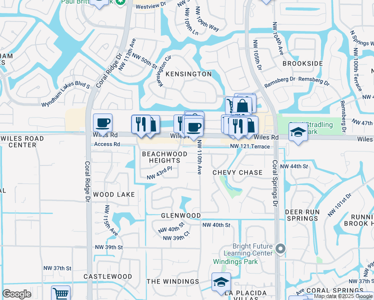 map of restaurants, bars, coffee shops, grocery stores, and more near 11061 Northwest 45th Street in Coral Springs