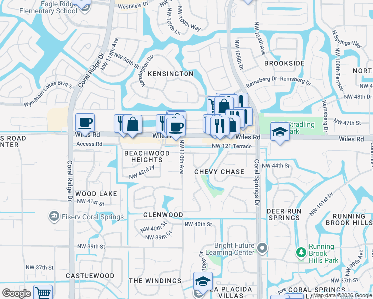 map of restaurants, bars, coffee shops, grocery stores, and more near 10941 Northwest 45th Street in Coral Springs