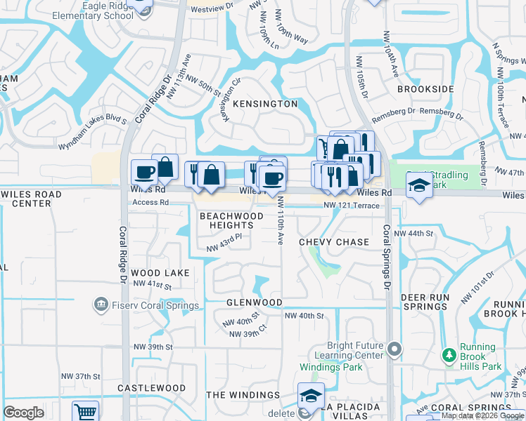 map of restaurants, bars, coffee shops, grocery stores, and more near 11061 Northwest 45th Street in Coral Springs