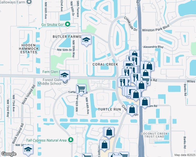 map of restaurants, bars, coffee shops, grocery stores, and more near 6250 Wiles Road in Coral Springs