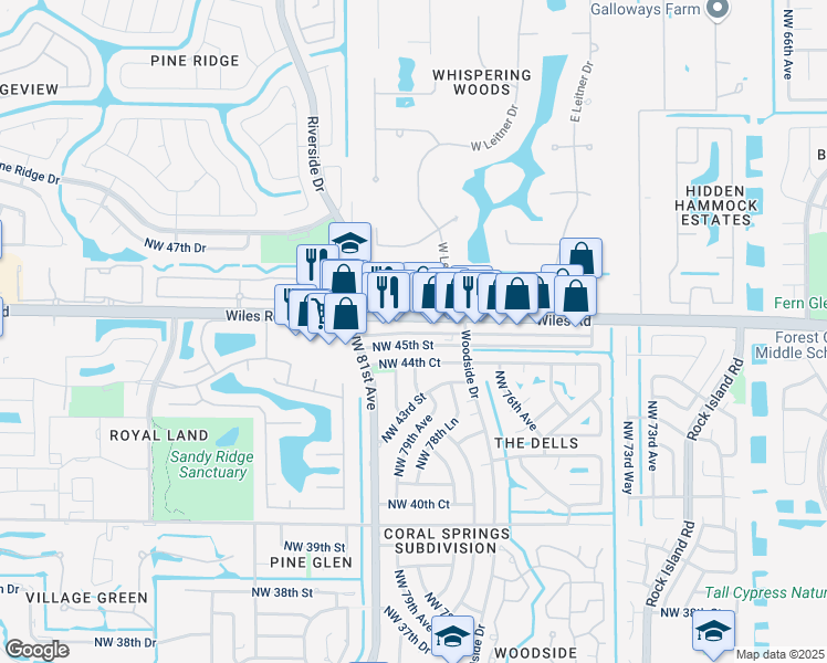 map of restaurants, bars, coffee shops, grocery stores, and more near 7920 Northwest 45th Street in Coral Springs