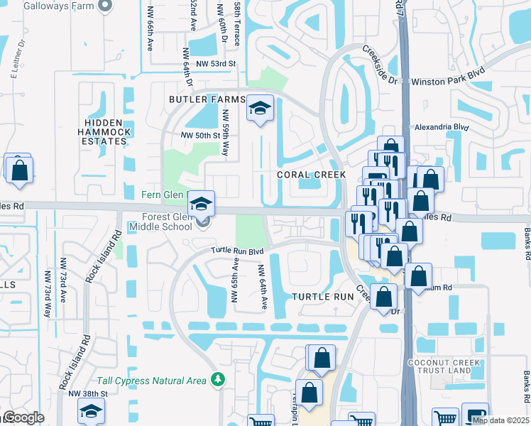 map of restaurants, bars, coffee shops, grocery stores, and more near 8264 Wiles Road in Coral Springs