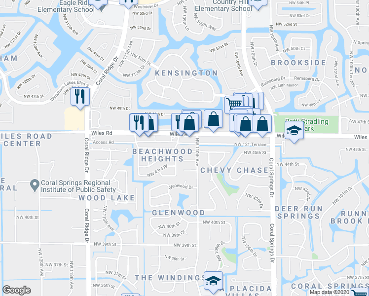map of restaurants, bars, coffee shops, grocery stores, and more near 11061 Northwest 45th Street in Coral Springs