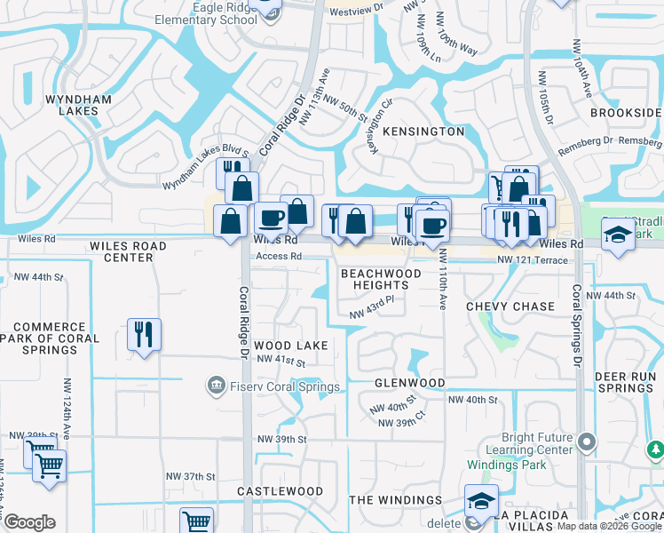 map of restaurants, bars, coffee shops, grocery stores, and more near 4482 Northwest 113th Terrace in Coral Springs