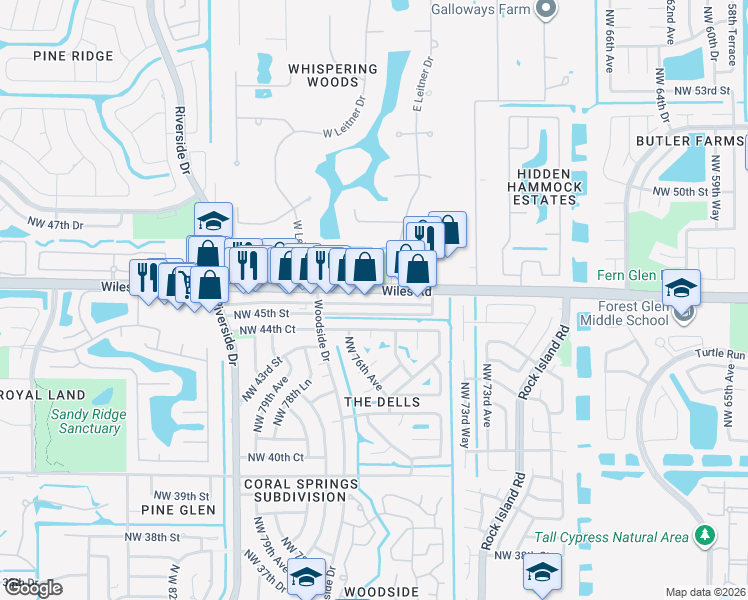 map of restaurants, bars, coffee shops, grocery stores, and more near 7544 Wiles Road in Coral Springs