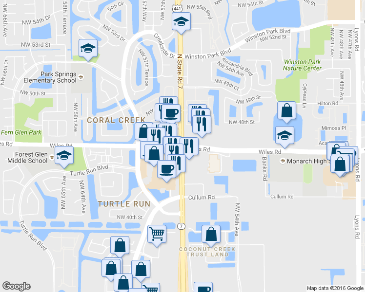 map of restaurants, bars, coffee shops, grocery stores, and more near 5400 Wiles Road in Coconut Creek