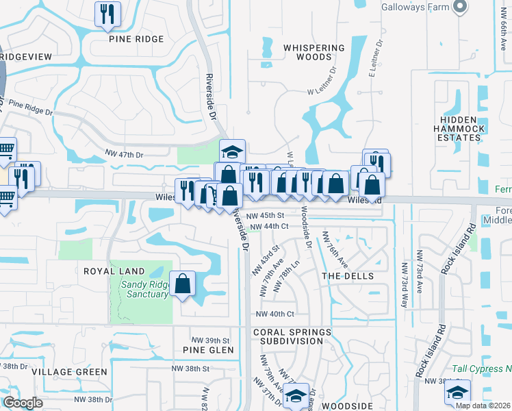 map of restaurants, bars, coffee shops, grocery stores, and more near 8091 Northwest 45th Street in Coral Springs