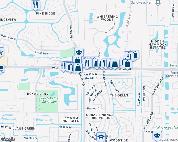 map of restaurants, bars, coffee shops, grocery stores, and more near 7920 Northwest 45th Street in Coral Springs