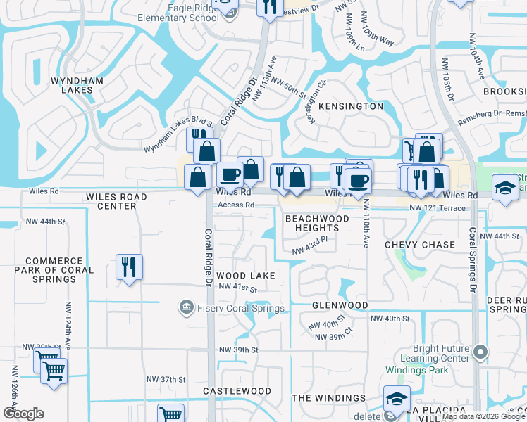map of restaurants, bars, coffee shops, grocery stores, and more near 11472 Northwest 45th Street in Coral Springs