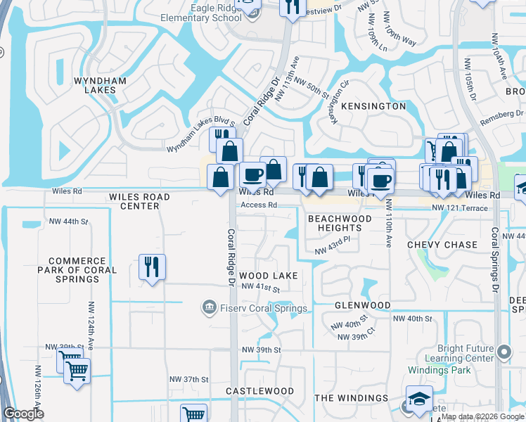 map of restaurants, bars, coffee shops, grocery stores, and more near 11472 Northwest 45th Street in Coral Springs