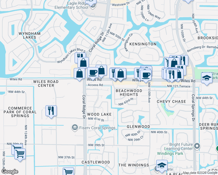 map of restaurants, bars, coffee shops, grocery stores, and more near 4482 Northwest 113th Terrace in Coral Springs